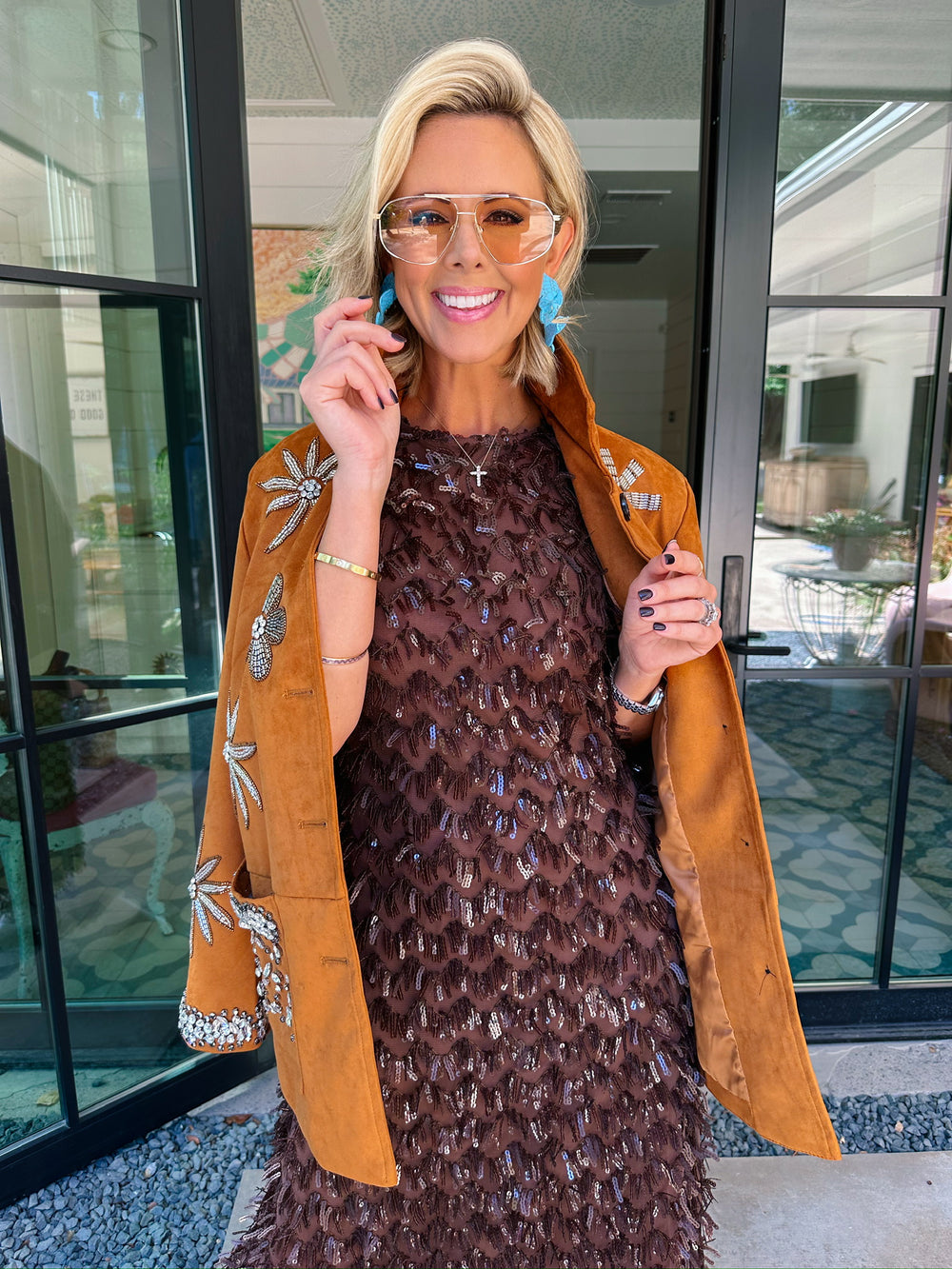 RHINESTONE REIGN FLORAL SUEDE JACKET - CAMEL