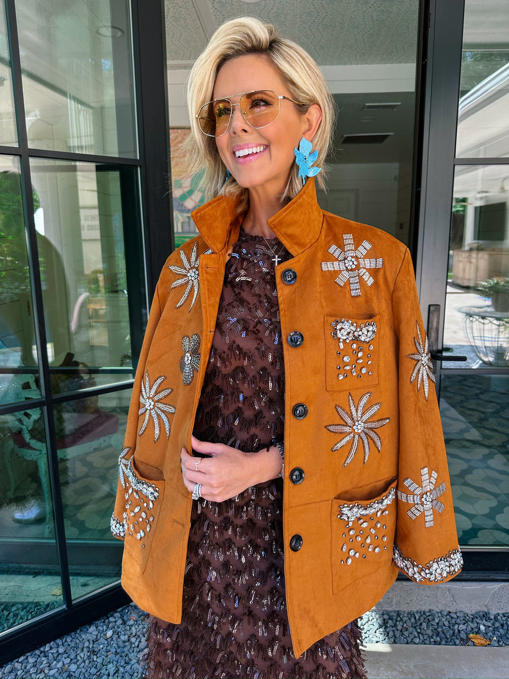RHINESTONE REIGN FLORAL SUEDE JACKET - CAMEL