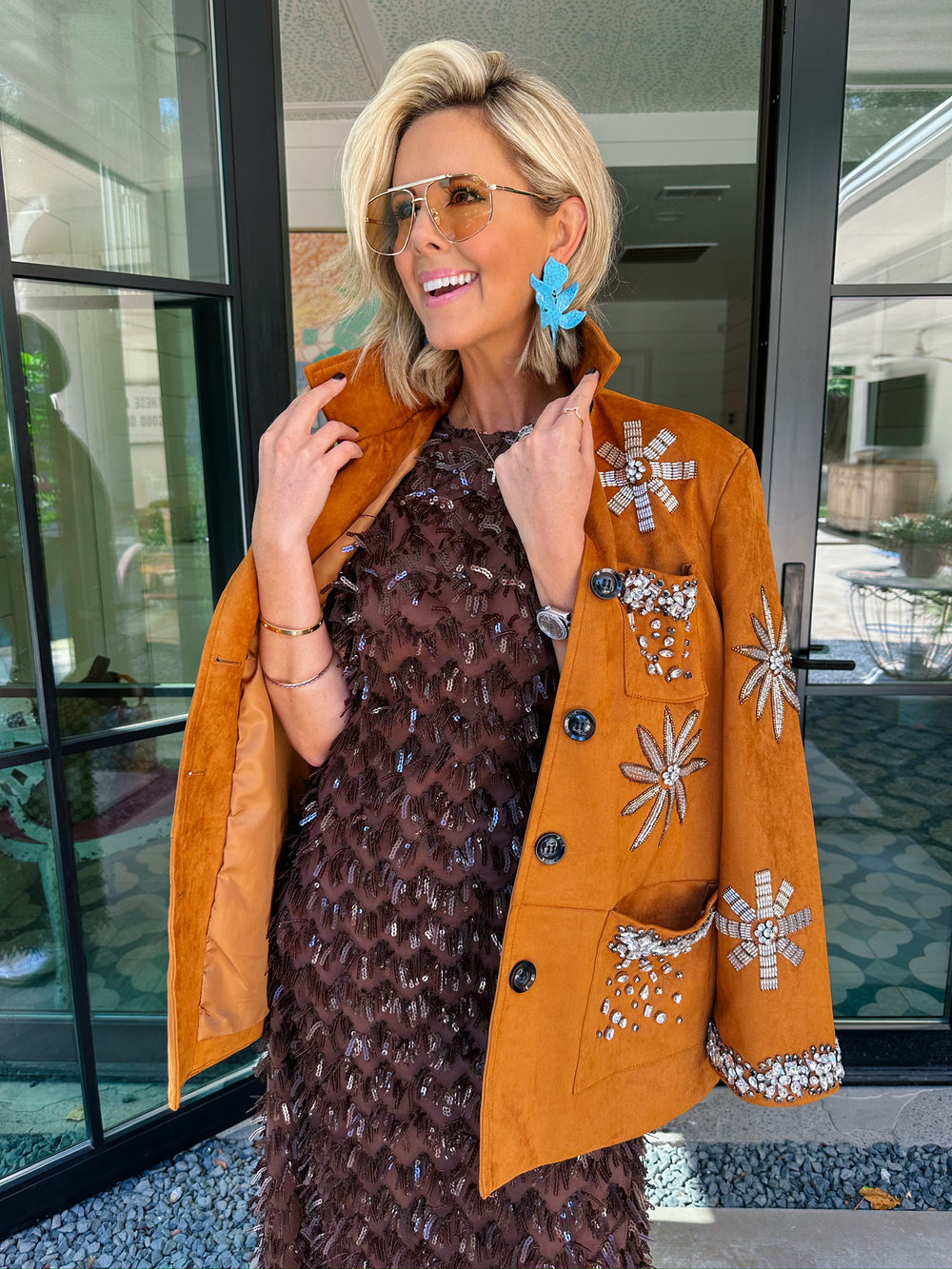 RHINESTONE REIGN FLORAL SUEDE JACKET - CAMEL