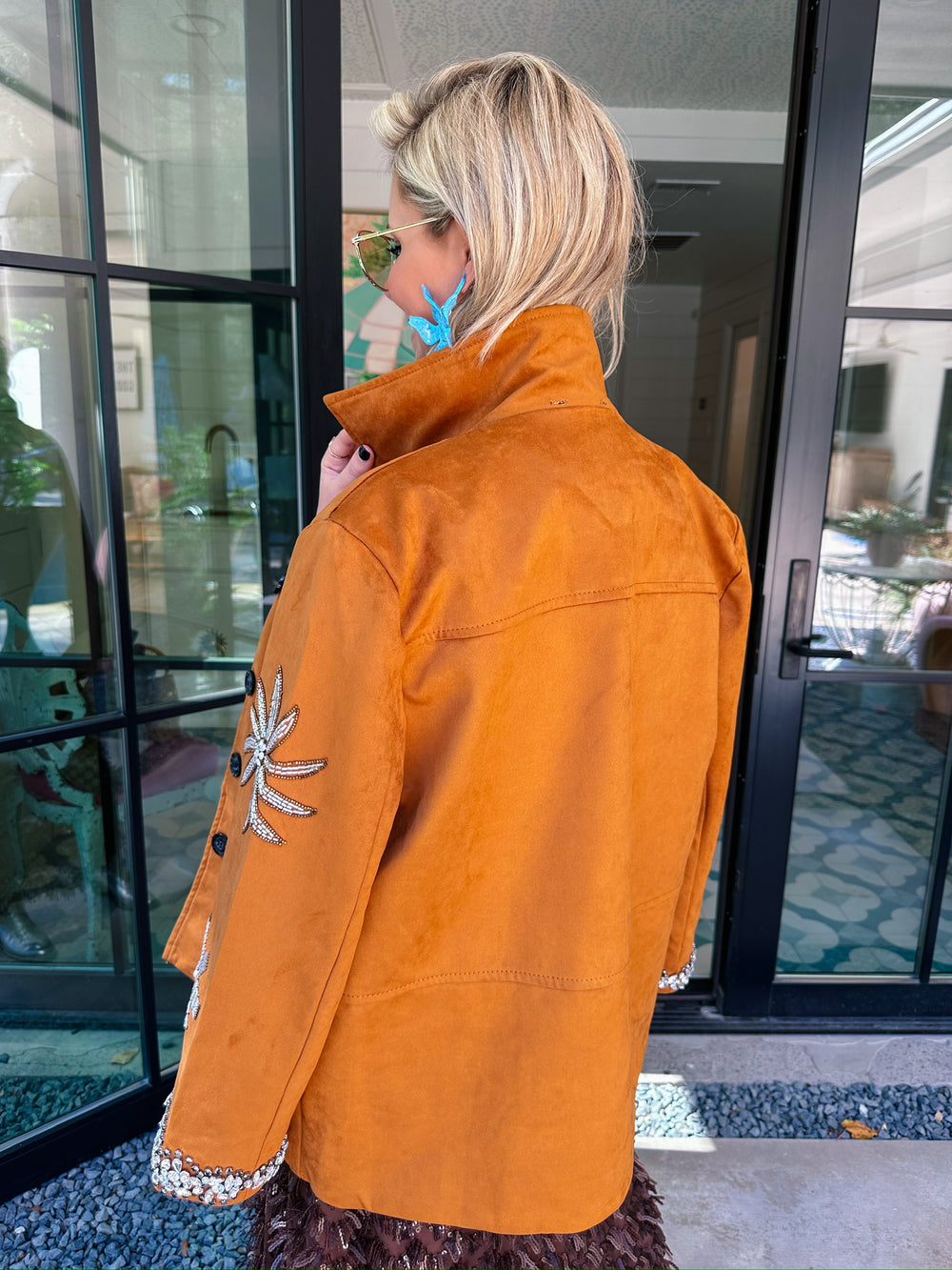 RHINESTONE REIGN FLORAL SUEDE JACKET - CAMEL