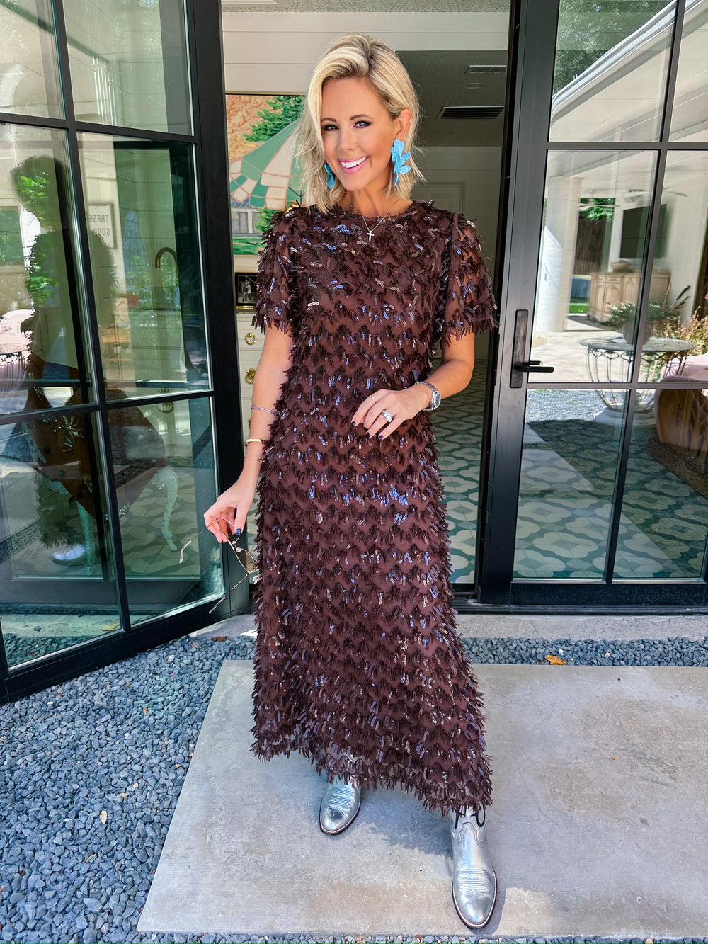 STOP THE SHOW SEQUIN FRINGE MIDI DRESS - BROWN