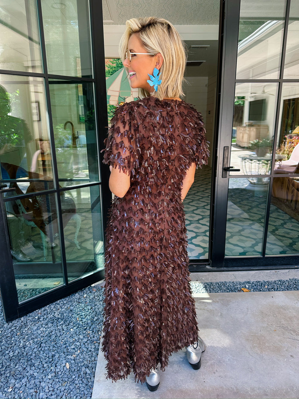 STOP THE SHOW SEQUIN FRINGE MIDI DRESS - BROWN