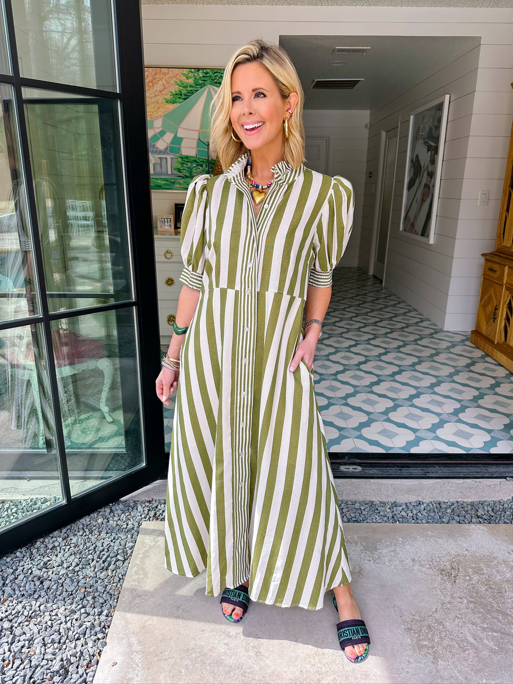 JENSEY STRIPE BUTTON UP MIDI DRESS - OLIVE