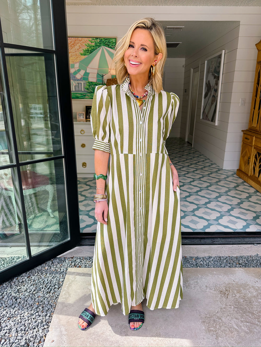JENSEY STRIPE BUTTON UP MIDI DRESS - OLIVE