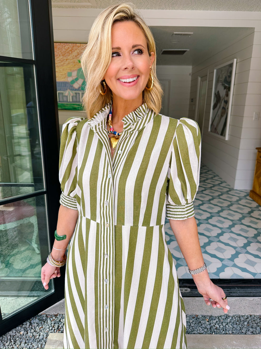 JENSEY STRIPE BUTTON UP MIDI DRESS - OLIVE