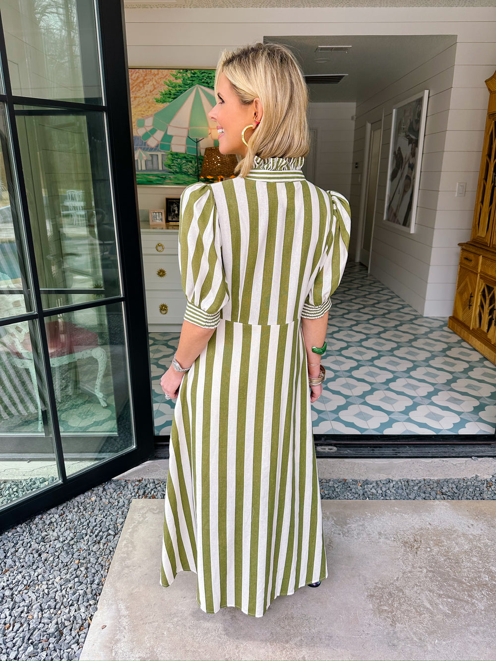 JENSEY STRIPE BUTTON UP MIDI DRESS - OLIVE