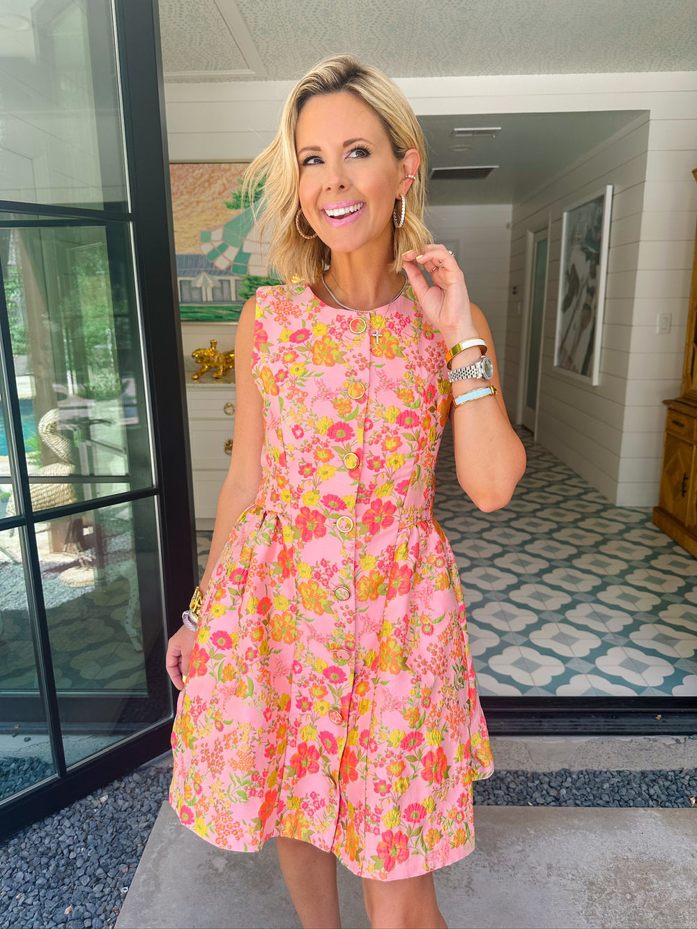 ROSIE BELLE FLORAL JACQUARD BUTTON UP DRESS - PINK
