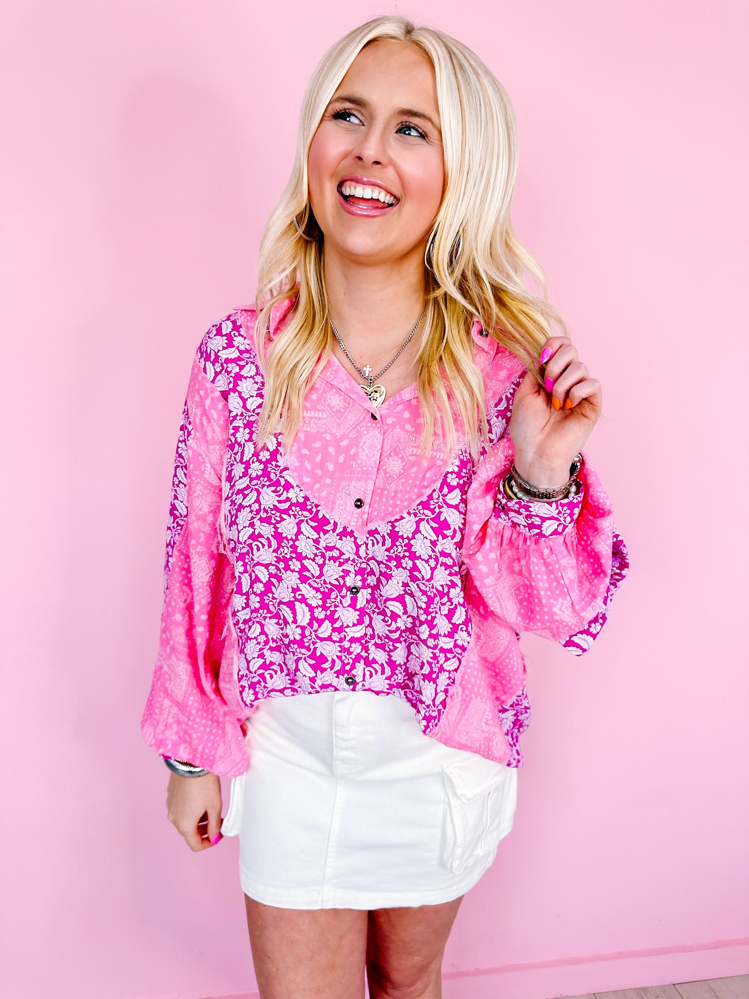 BANDANA BLOOMS COLORBLOCK BUTTON UP TOP