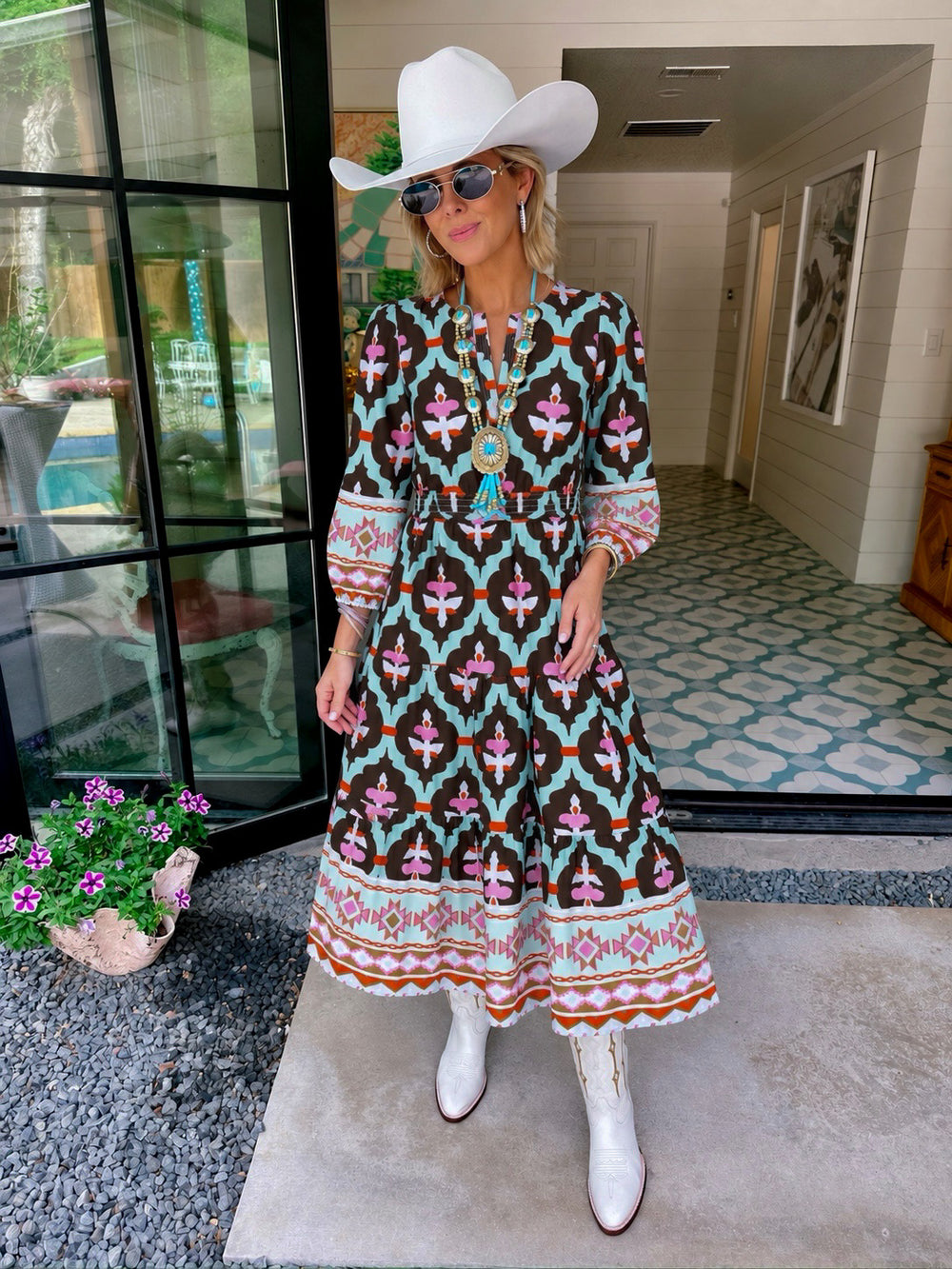 JUST LIKE THAT FLORAL AZTEC TRIM MIDI DRESS - MINT/BLACK