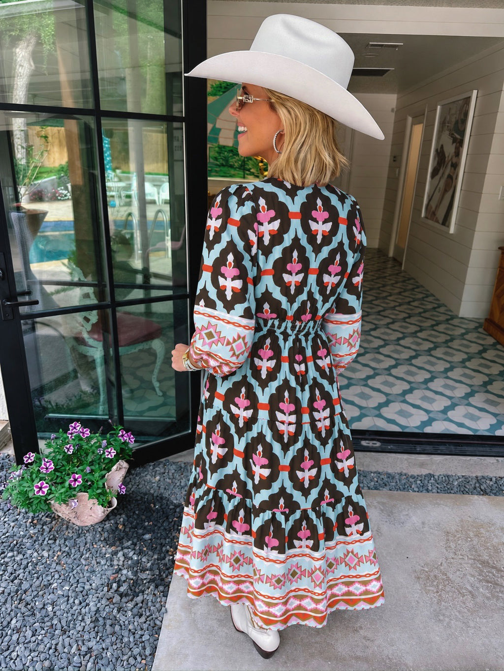JUST LIKE THAT FLORAL AZTEC TRIM MIDI DRESS - MINT/BLACK
