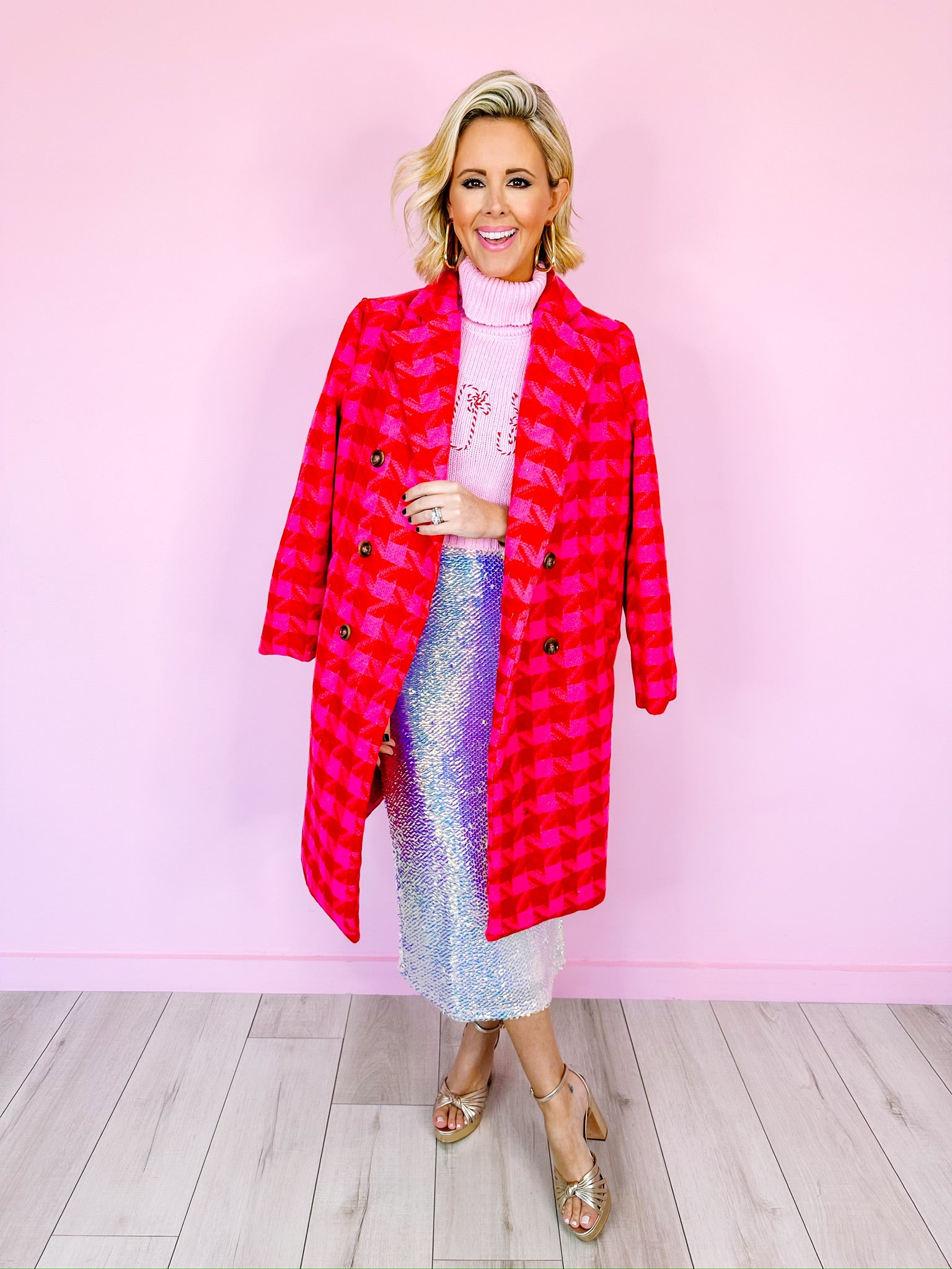 LEXI PLAID TWEED COAT - PINK/RED