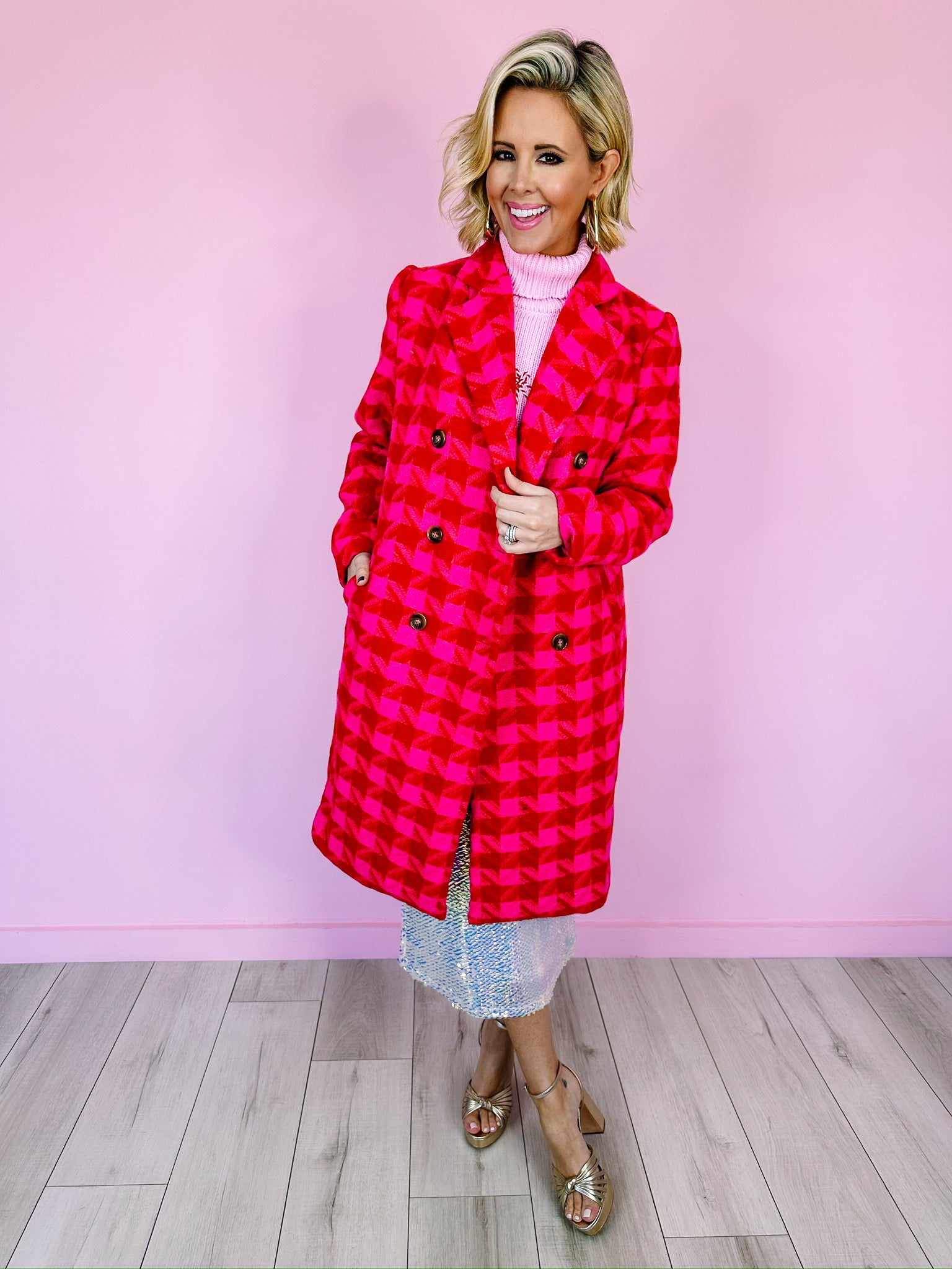 LEXI PLAID TWEED COAT - PINK/RED