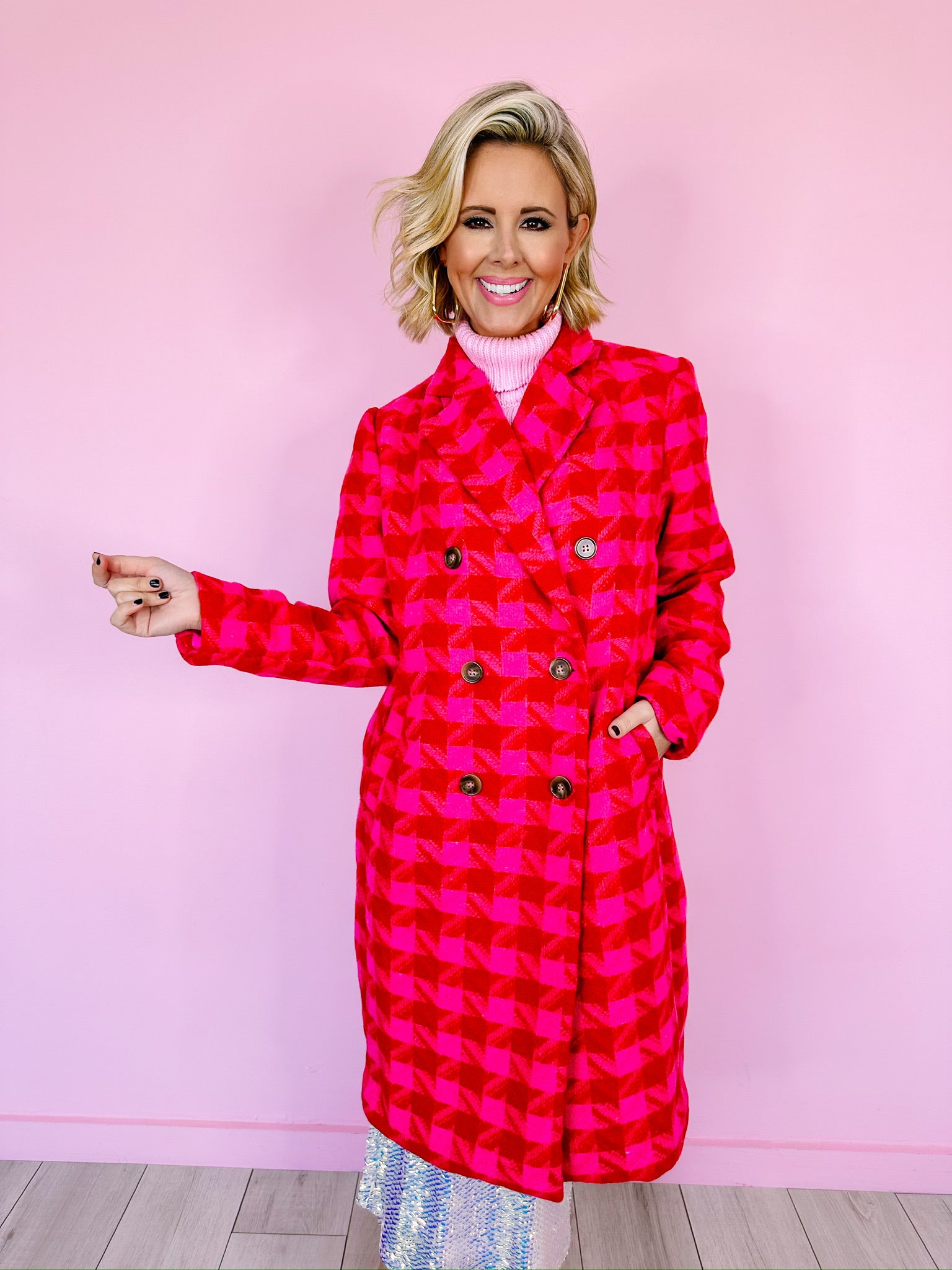 LEXI PLAID TWEED COAT - PINK/RED