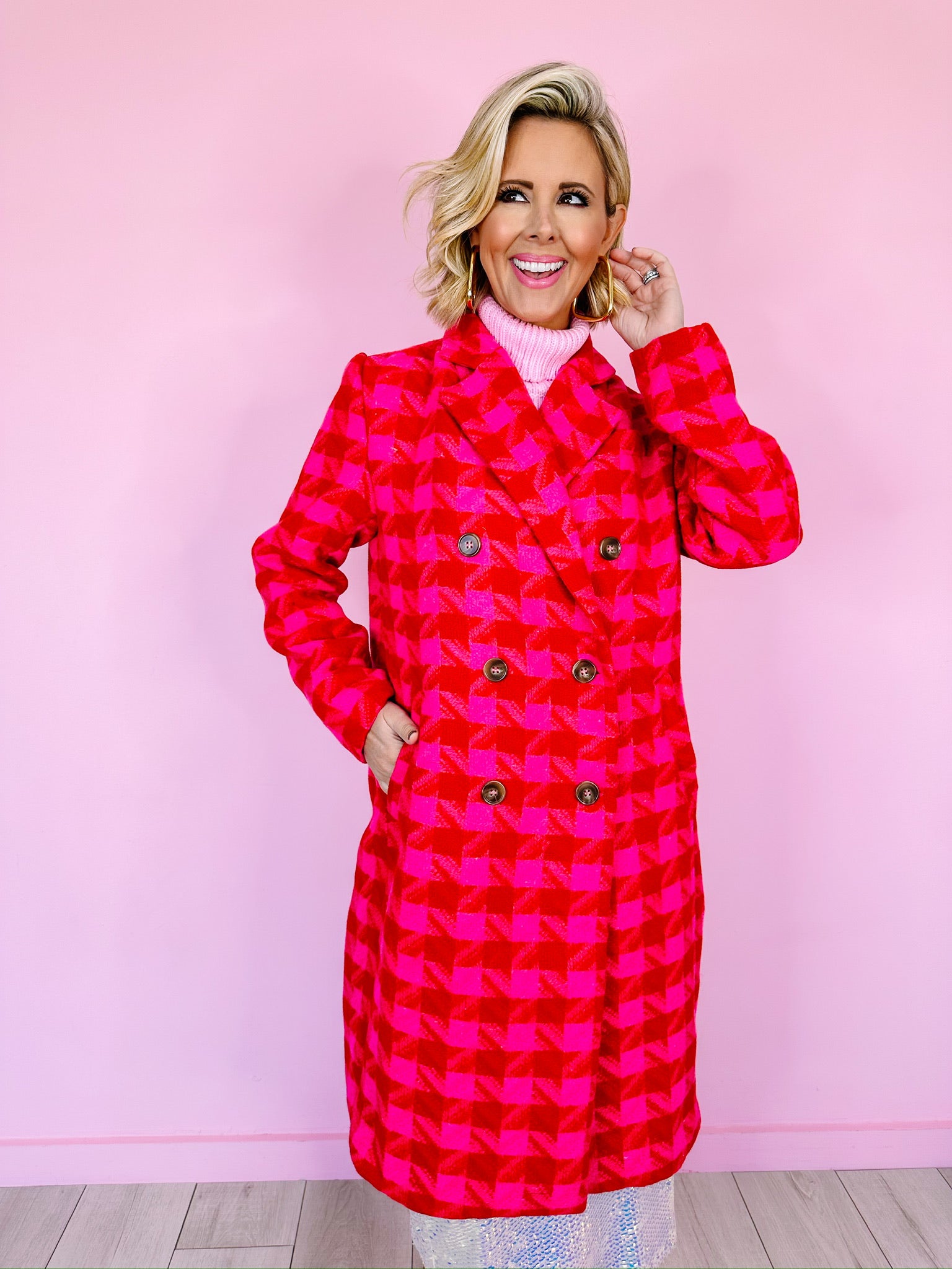 LEXI PLAID TWEED COAT - PINK/RED