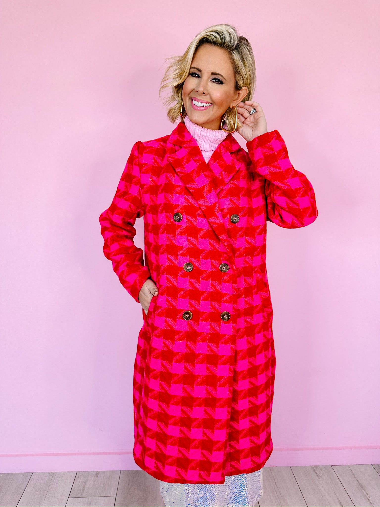 LEXI PLAID TWEED COAT - PINK/RED