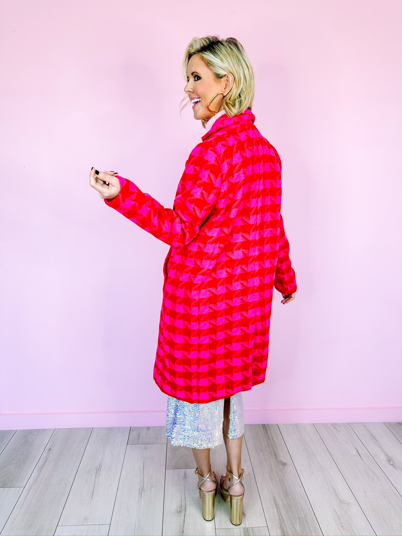 LEXI PLAID TWEED COAT - PINK/RED