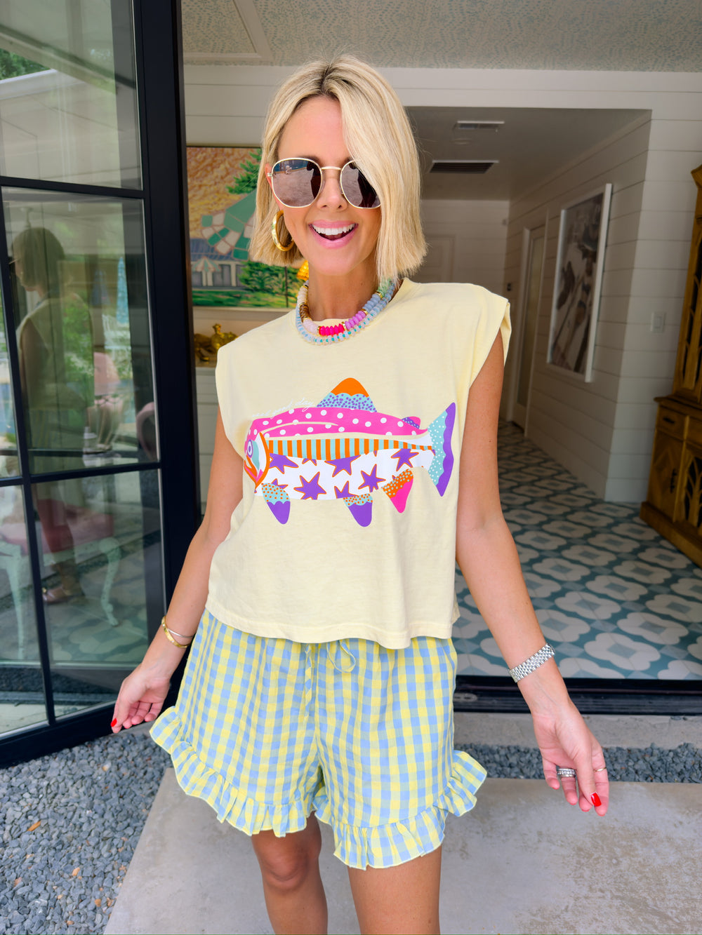 LEMON DROP GINGHAM RUFFLE SHORTS - BLUE/YELLOW