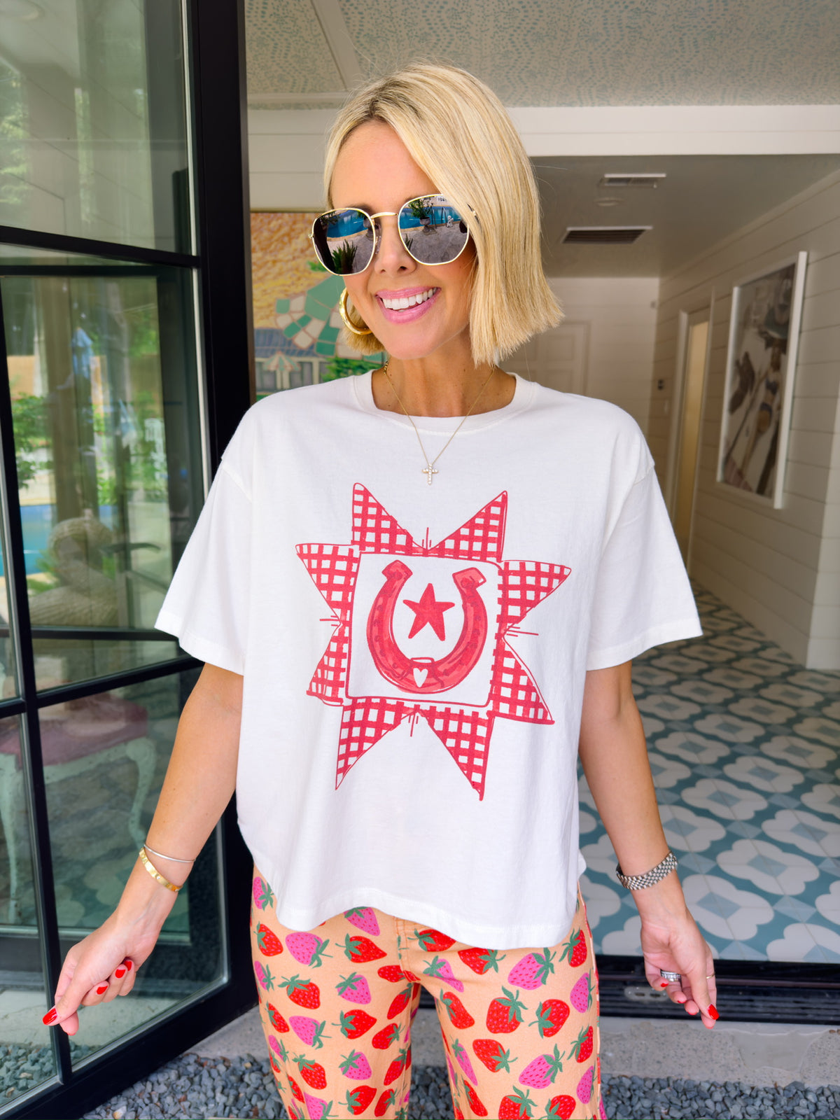 GINGHAM QUILTED HORSHOE TEE - IVORY