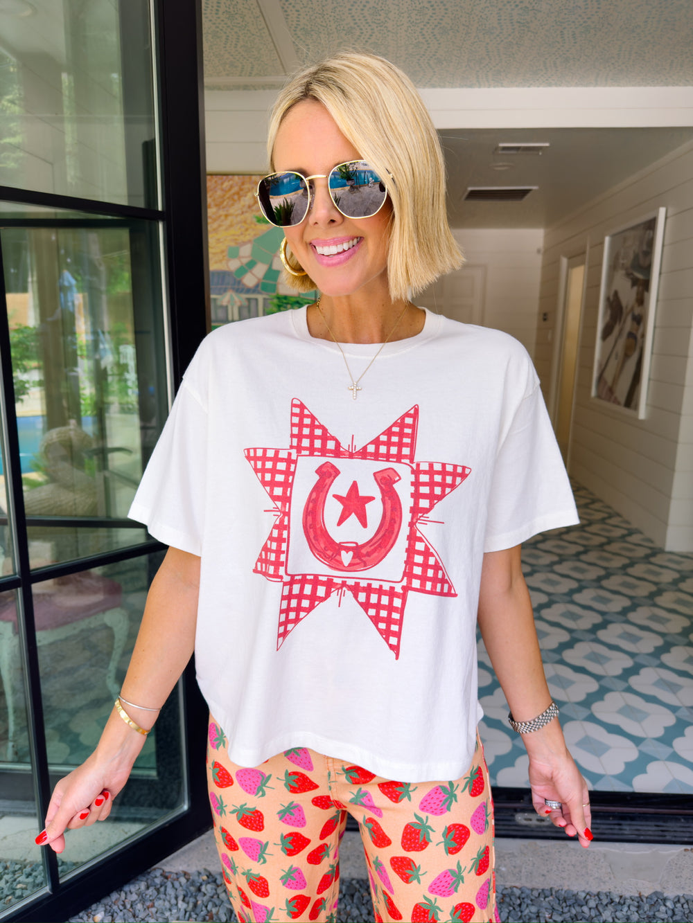 GINGHAM QUILTED HORSHOE TEE - IVORY