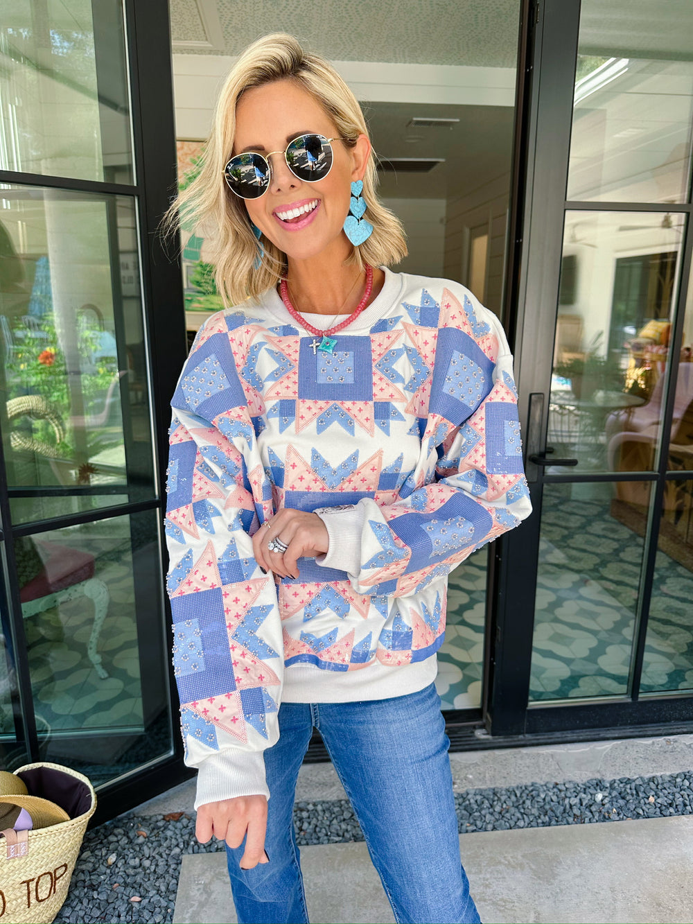 WITH LOVE QUILTED PATCHWORK SWEATSHIRT - BLUE/PINK