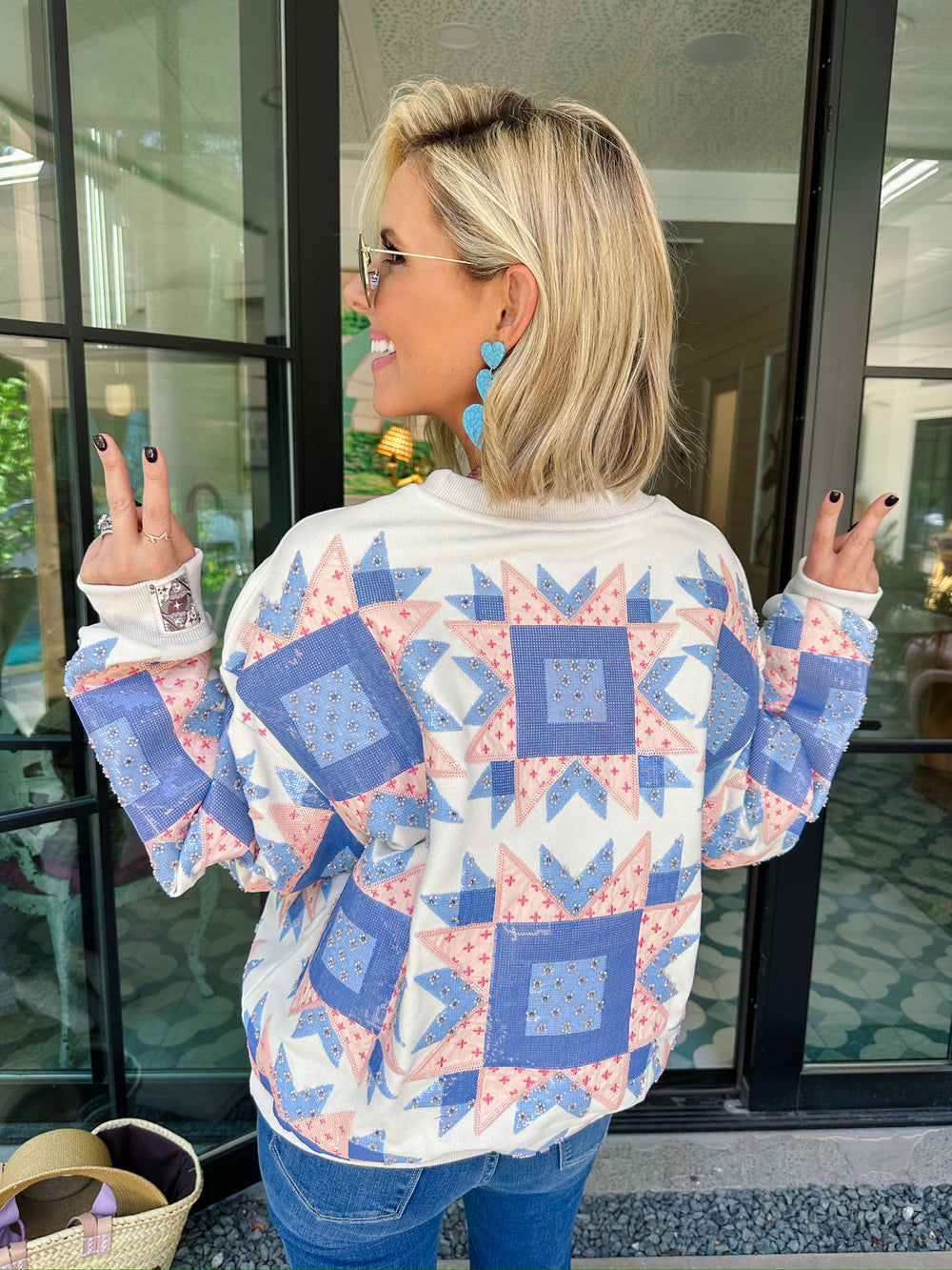 WITH LOVE QUILTED PATCHWORK SWEATSHIRT - BLUE/PINK