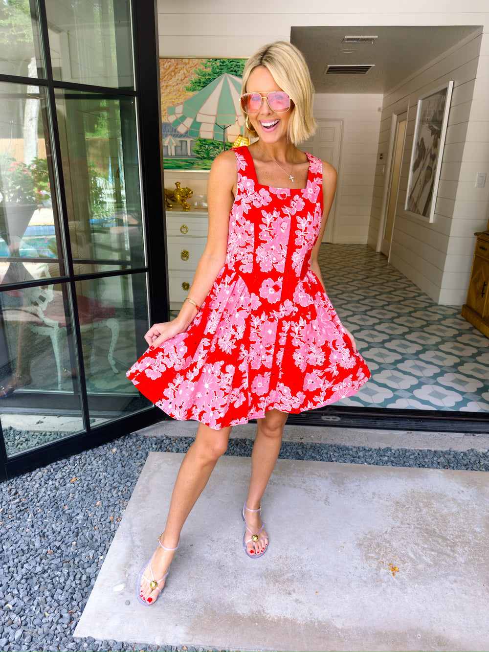 JUST A THOUGHT FLORAL EYELET DRESS - RED