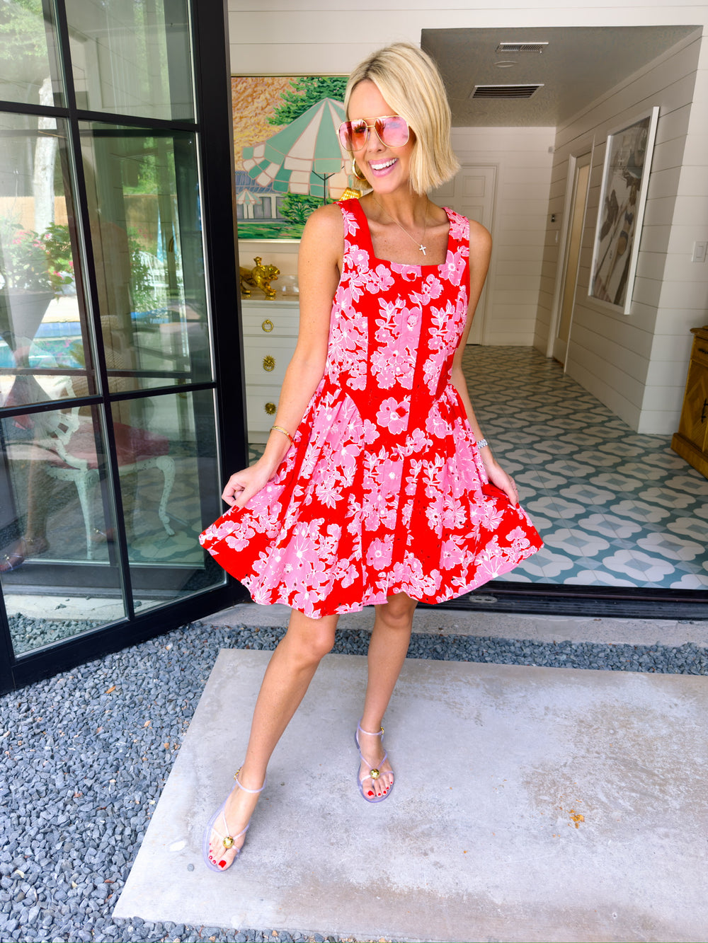 JUST A THOUGHT FLORAL EYELET DRESS - RED