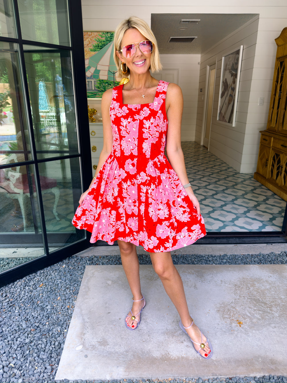 JUST A THOUGHT FLORAL EYELET DRESS - RED
