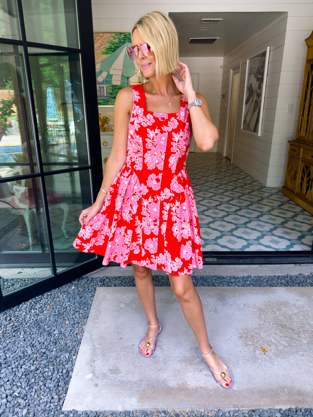 JUST A THOUGHT FLORAL EYELET DRESS - RED