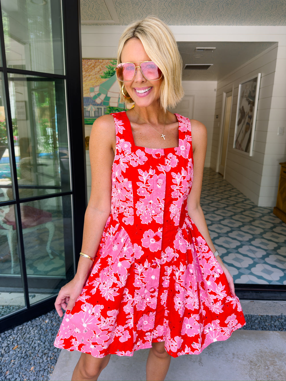 JUST A THOUGHT FLORAL EYELET DRESS - RED
