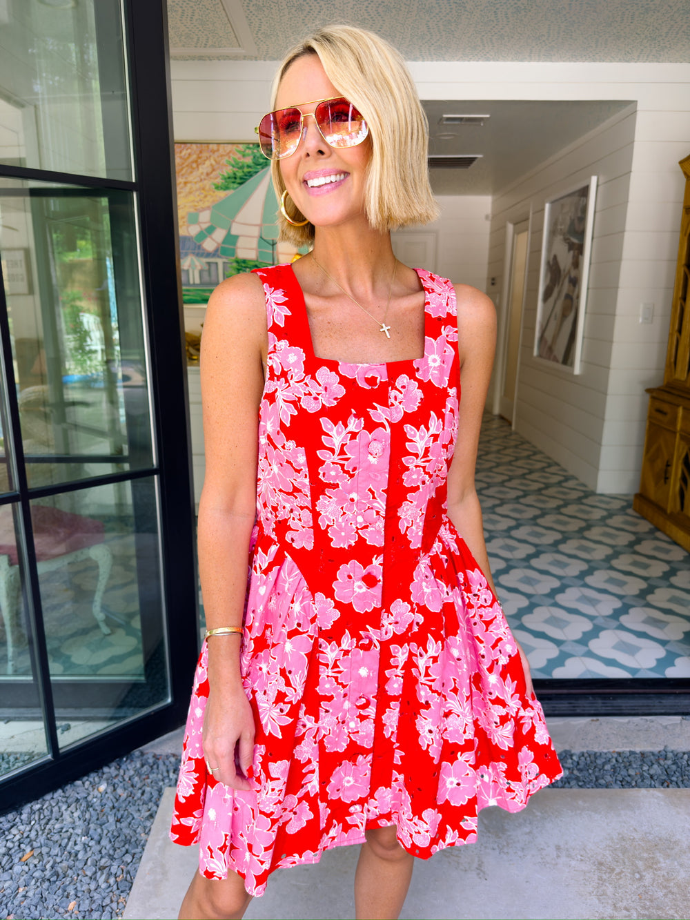 JUST A THOUGHT FLORAL EYELET DRESS - RED