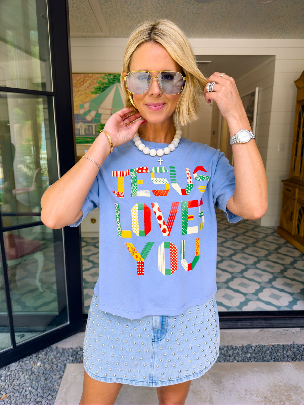 JESUS LOVES YOU BOHO PATTERN TEE - WASHED BLUE