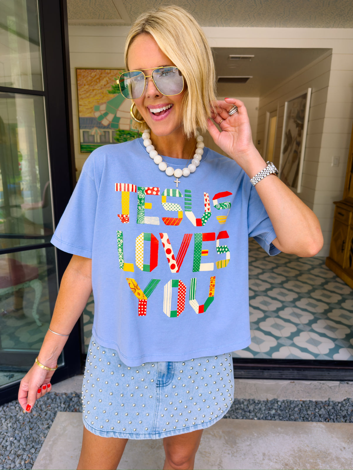 JESUS LOVES YOU BOHO PATTERN TEE - WASHED BLUE