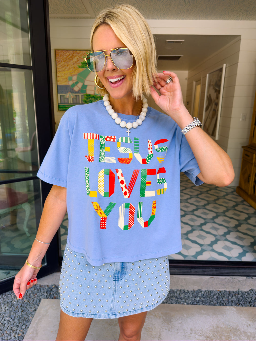 JESUS LOVES YOU BOHO PATTERN TEE - WASHED BLUE