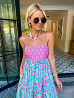 EMBRACE THE MOMENT FLORAL CONTRAST MIDI DRESS - BLUE/PINK