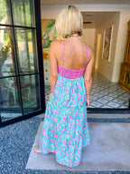 EMBRACE THE MOMENT FLORAL CONTRAST MIDI DRESS - BLUE/PINK