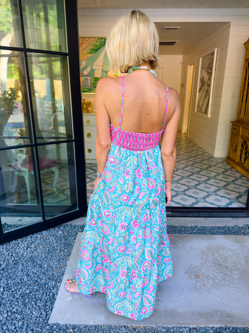 EMBRACE THE MOMENT FLORAL CONTRAST MIDI DRESS - BLUE/PINK
