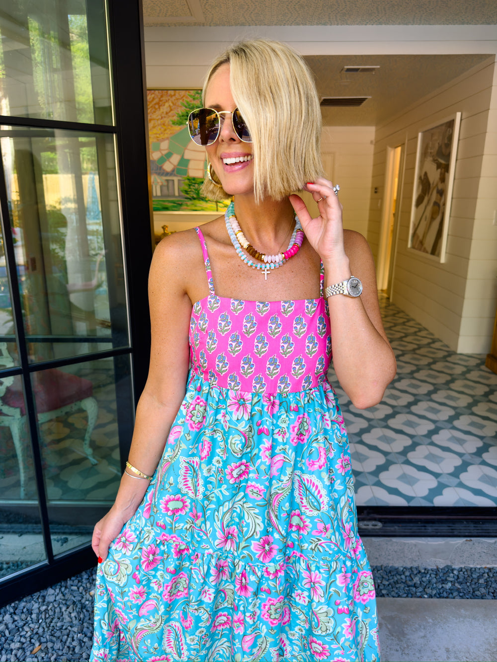 EMBRACE THE MOMENT FLORAL CONTRAST MIDI DRESS - BLUE/PINK