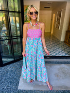 EMBRACE THE MOMENT FLORAL CONTRAST MIDI DRESS - BLUE/PINK