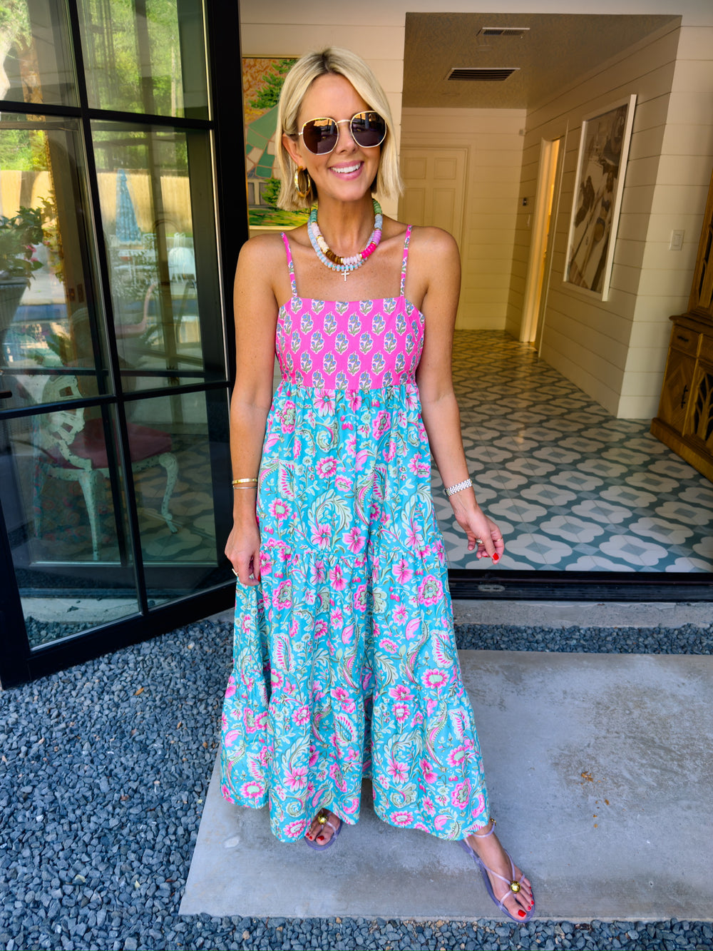 EMBRACE THE MOMENT FLORAL CONTRAST MIDI DRESS - BLUE/PINK