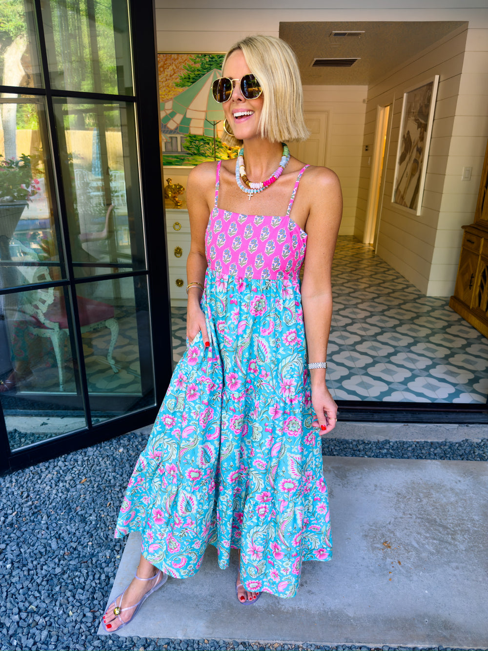 EMBRACE THE MOMENT FLORAL CONTRAST MIDI DRESS - BLUE/PINK