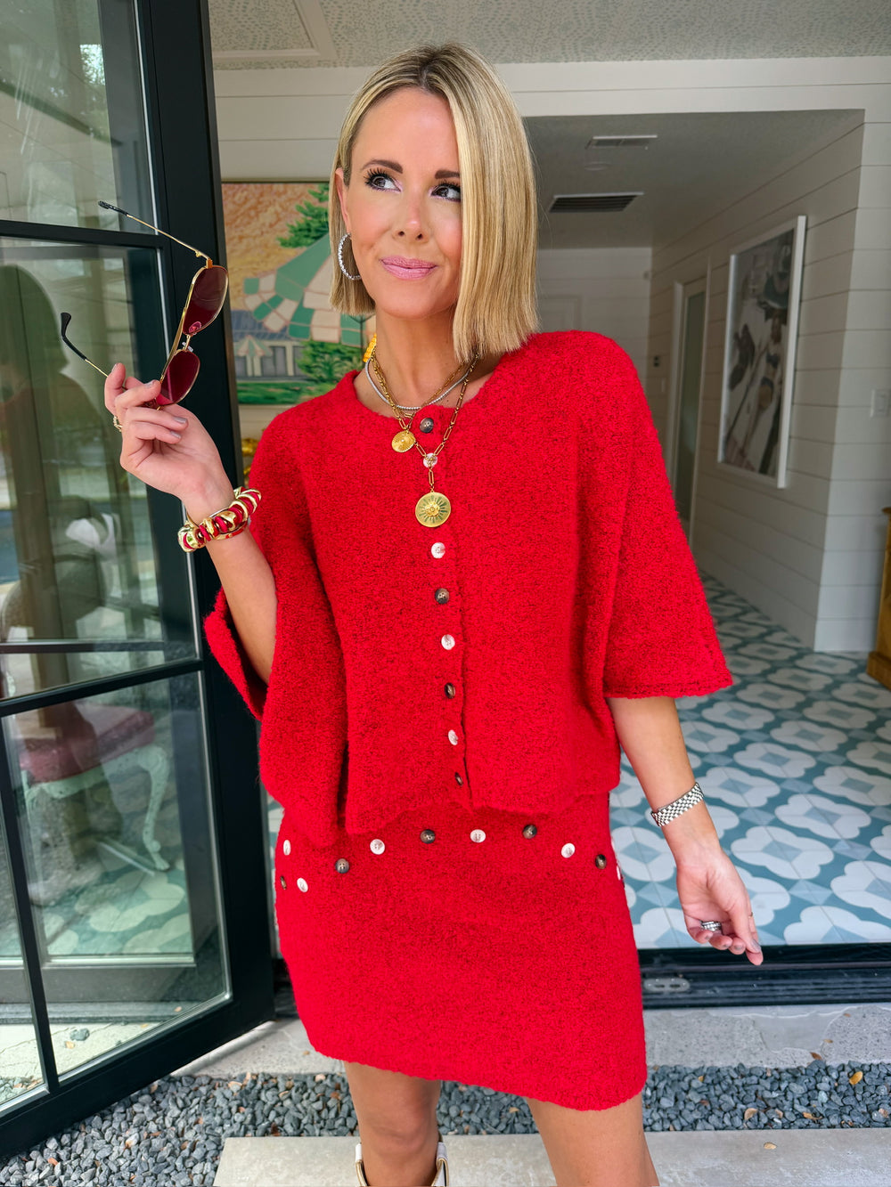 CUTE AS A BUTTON KNIT SKIRT SET - RED