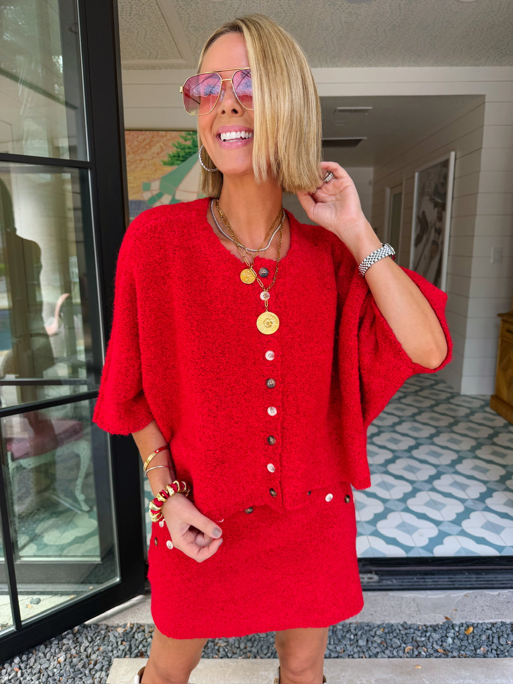 CUTE AS A BUTTON KNIT SKIRT SET - RED