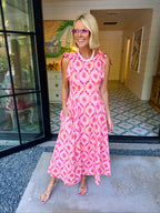HAVE FAITH IN ME FLORAL MEDALLION BOW STRAP MIDI DRESS - PINK
