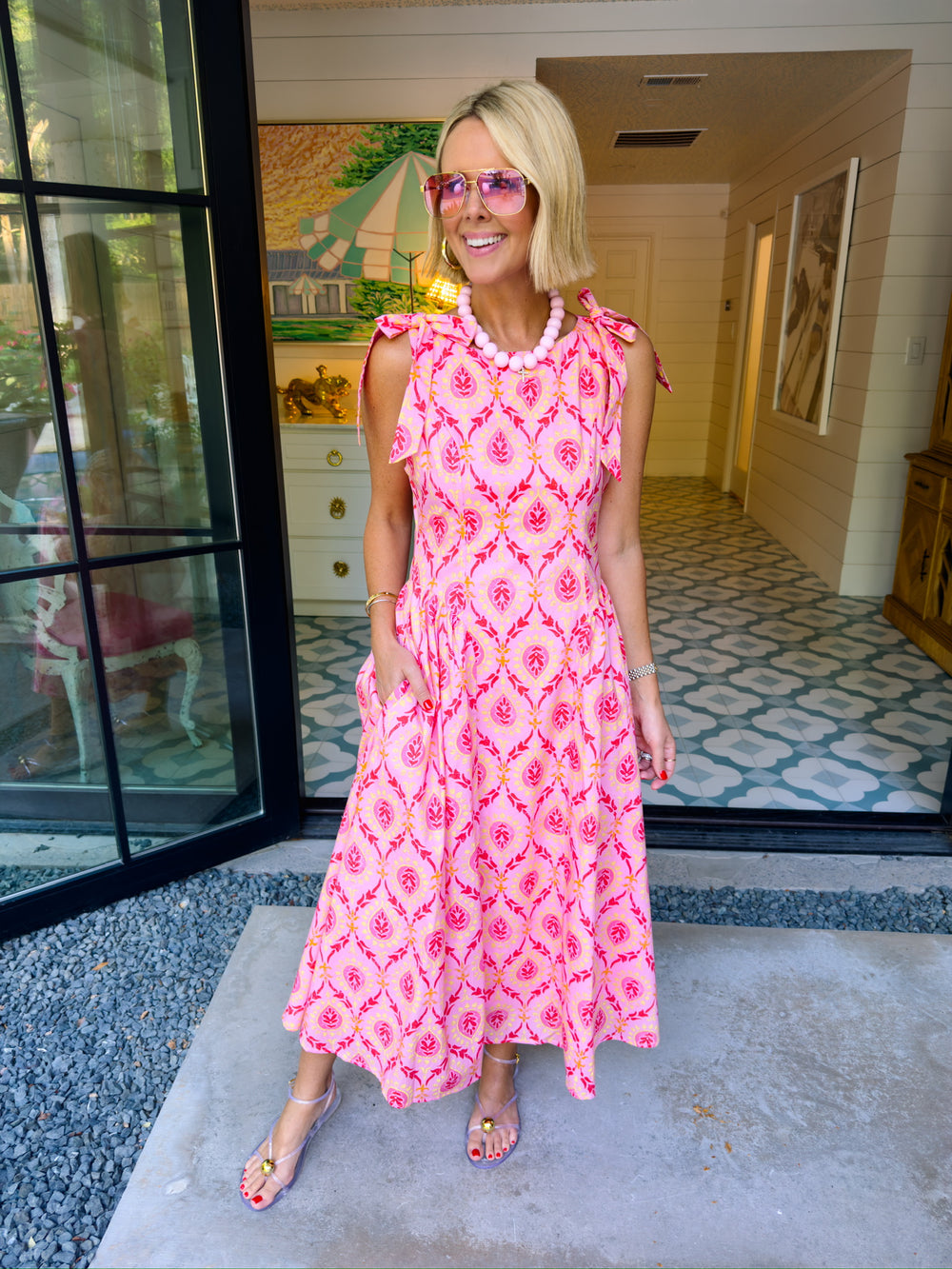 HAVE FAITH IN ME FLORAL MEDALLION BOW STRAP MIDI DRESS - PINK