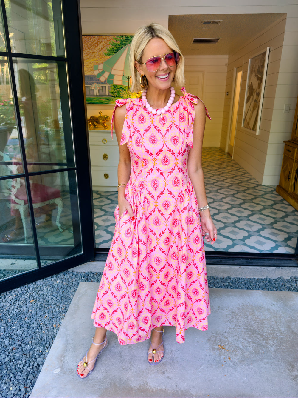 HAVE FAITH IN ME FLORAL MEDALLION BOW STRAP MIDI DRESS - PINK