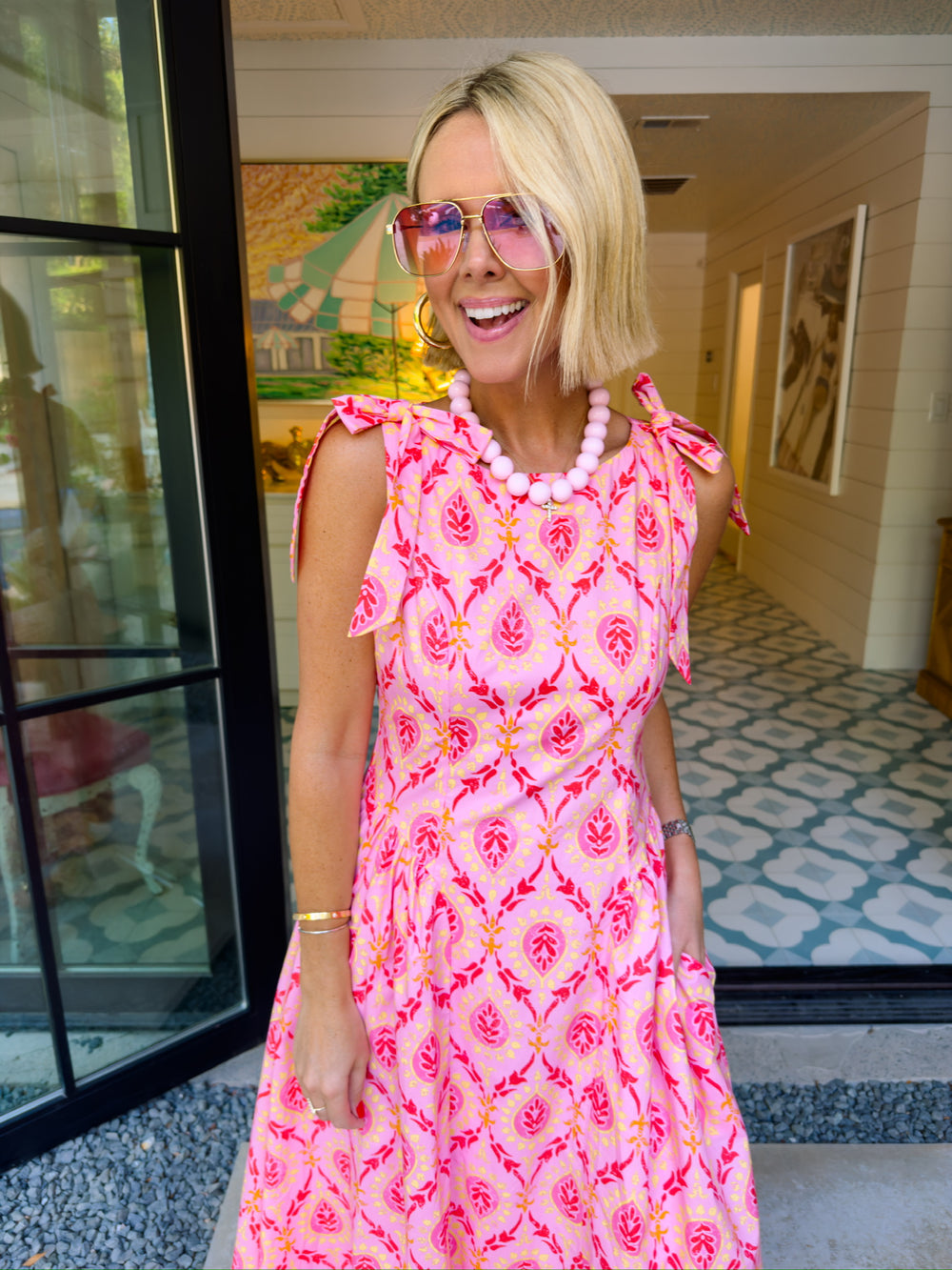 HAVE FAITH IN ME FLORAL MEDALLION BOW STRAP MIDI DRESS - PINK