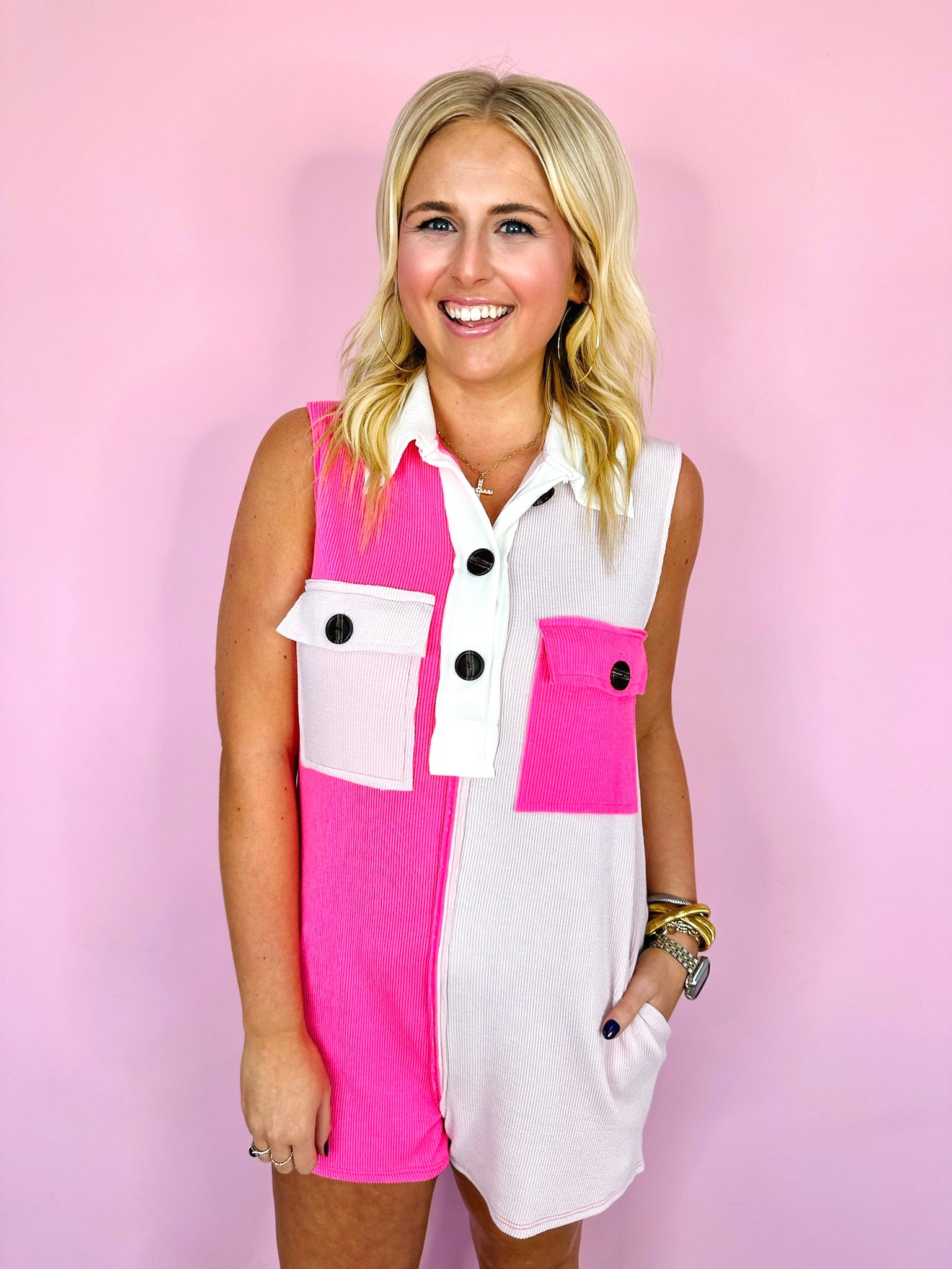 KAM COLORBLOCK BUTTON UP ROMPER - PINK