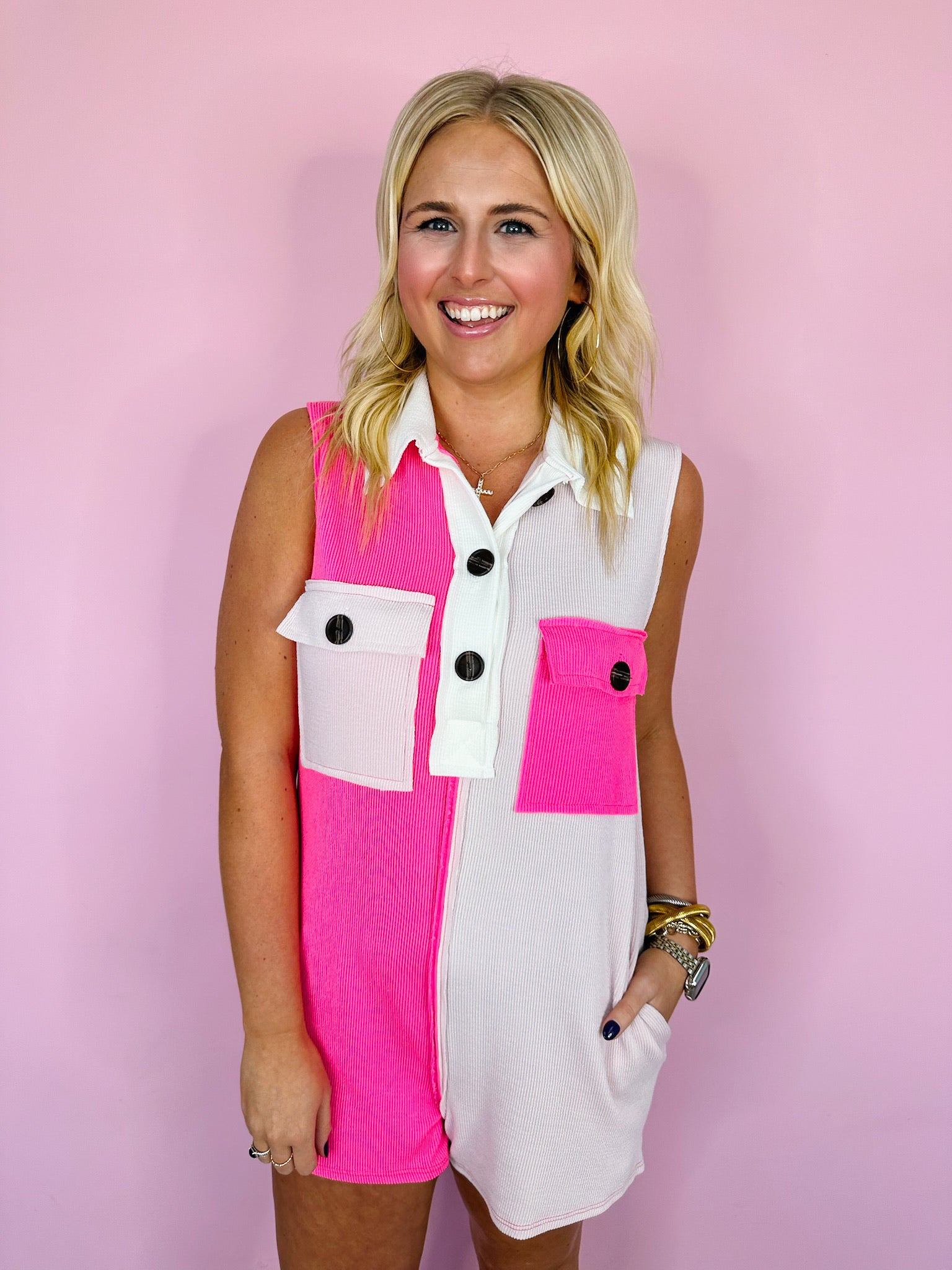 KAM COLORBLOCK BUTTON UP ROMPER - PINK