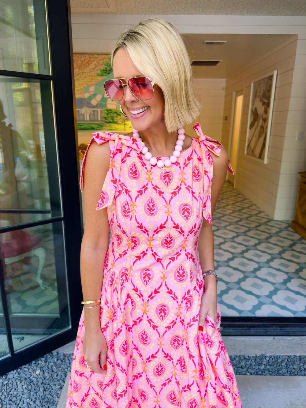 HAVE FAITH IN ME FLORAL MEDALLION BOW STRAP MIDI DRESS - PINK